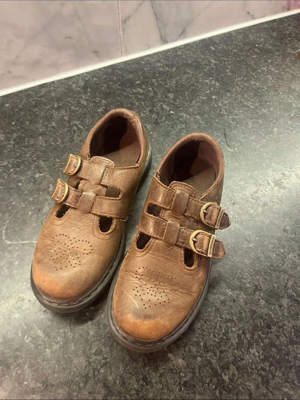 Kids Vintage Brown Leather Double-Buckle DR MARTENS School Shoes